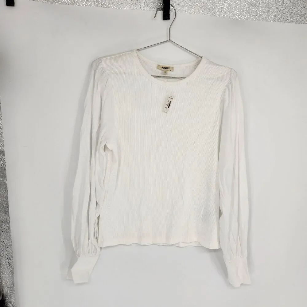 Madewell Large White Ribbed Puff Sleeve Top NWT‎